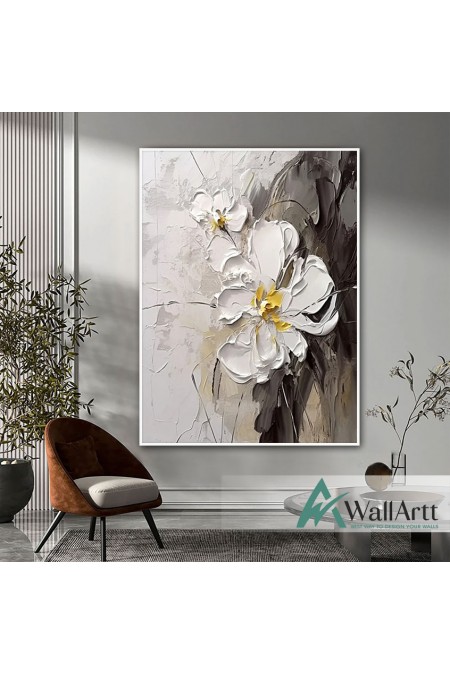 Abstract 2 White Flowers 3d Heavy Textured Partial Oil Painting